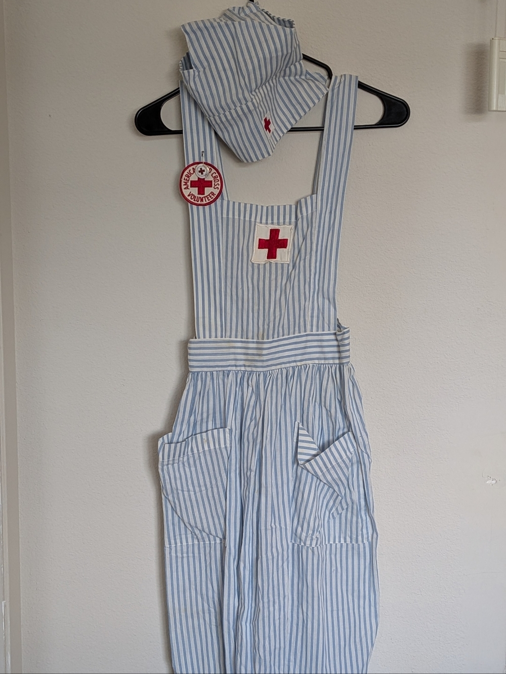 Blue & white striped vintage volunteer nurse pinafore dress with red cross patch